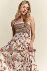 ADORA Smocked Printed Square Neck Tie Shoulder Cami Dress Ivory OutfitFlow